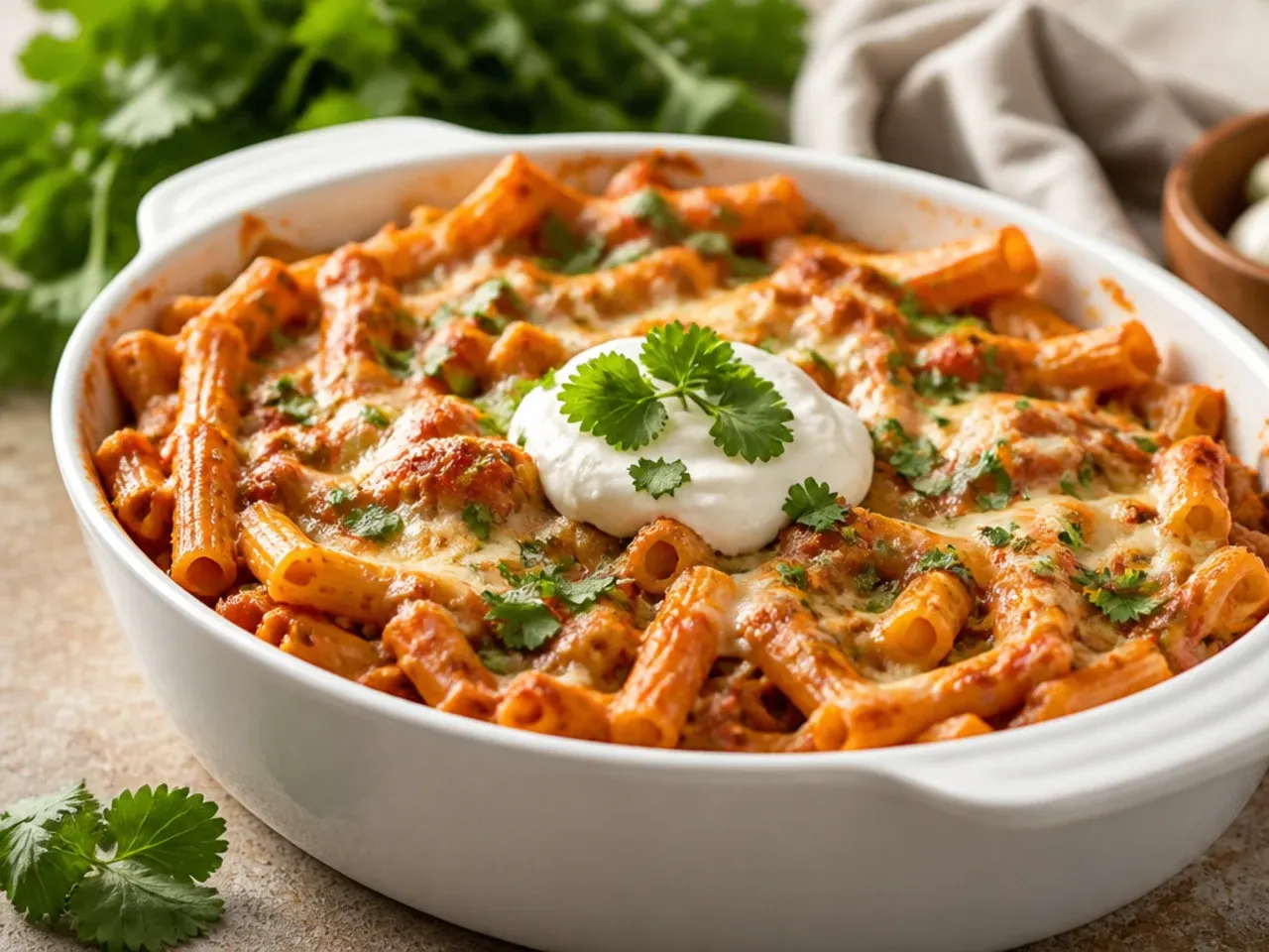 One-pot skillet baked ziti with a browned cheese top