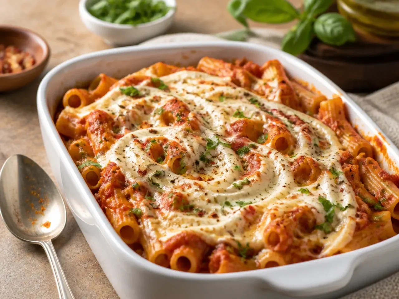 Spicy arrabbiata baked ziti with visible red pepper flakes