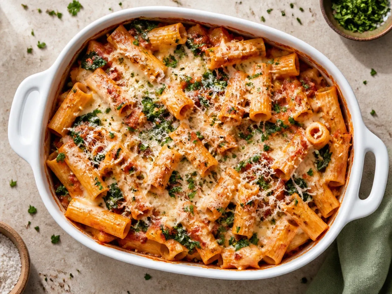 Vegetarian baked ziti with spinach and mushrooms