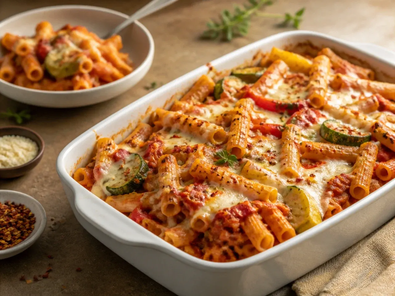 Baked ziti mixed with roasted courgette, pepper, and aubergine