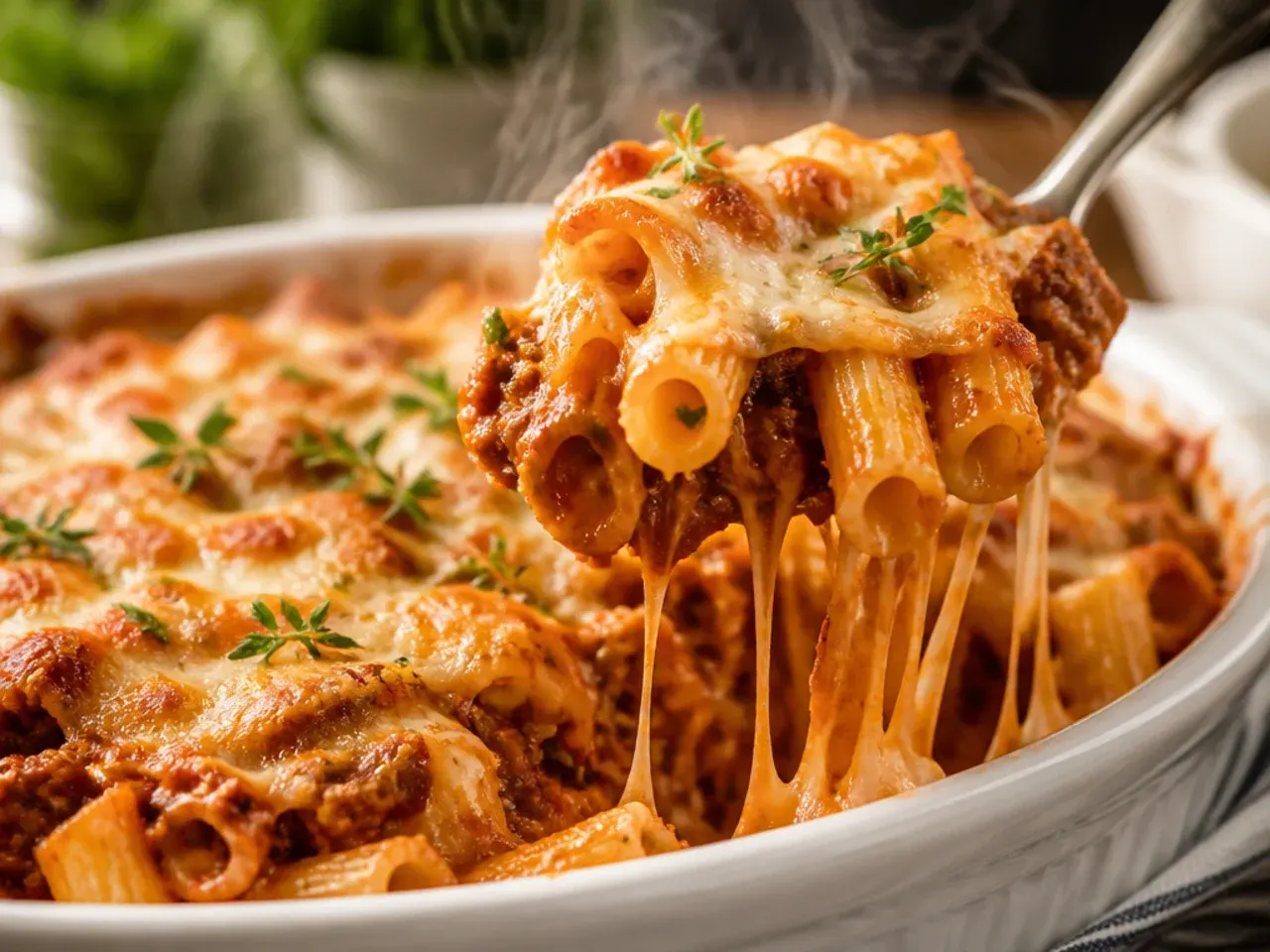 Slow cooker filled with baked ziti sauce and melted cheese