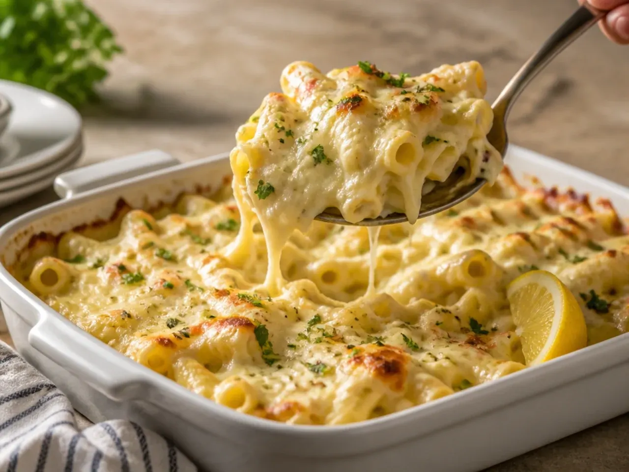 Creamy white baked ziti without tomato sauce, golden on top