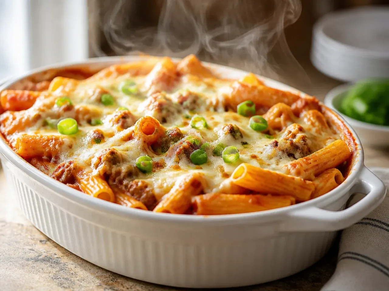 Baked ziti made with lean turkey sausage