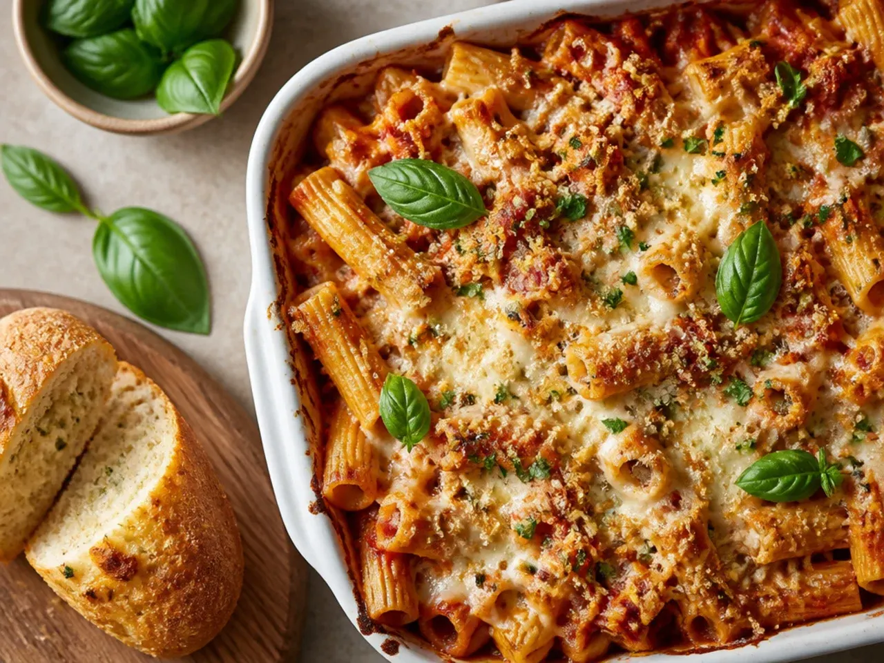 Extra-cheesy baked ziti with a thick fontina and mozzarella layer