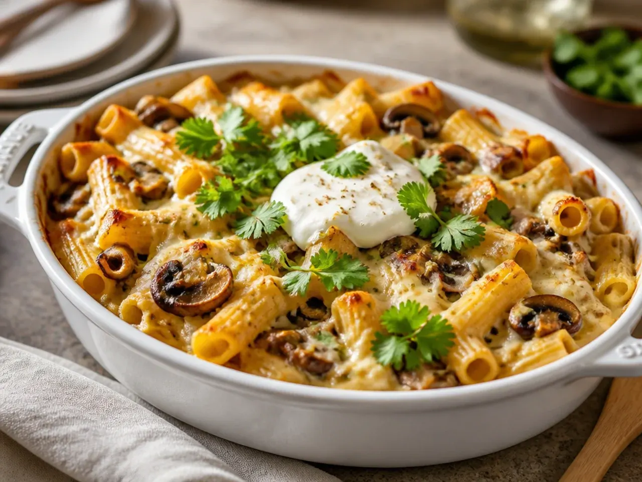 Baked ziti with sauteed mushrooms mixed into the sauce