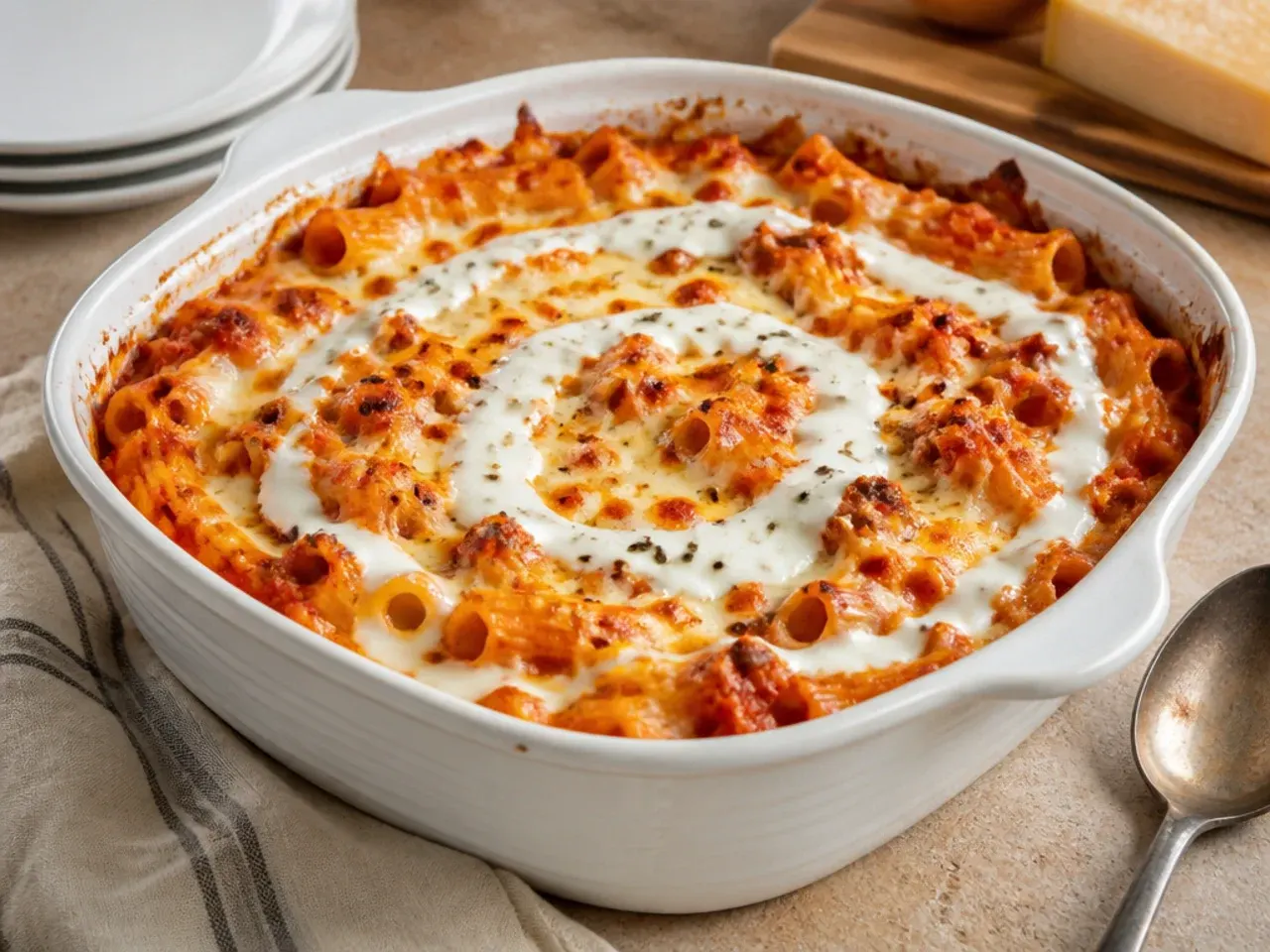 Pantry-staple baked ziti made from canned and dried ingredients