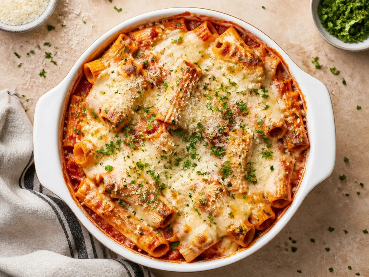 Weeknight baked ziti made with doctored jarred marinara sauce