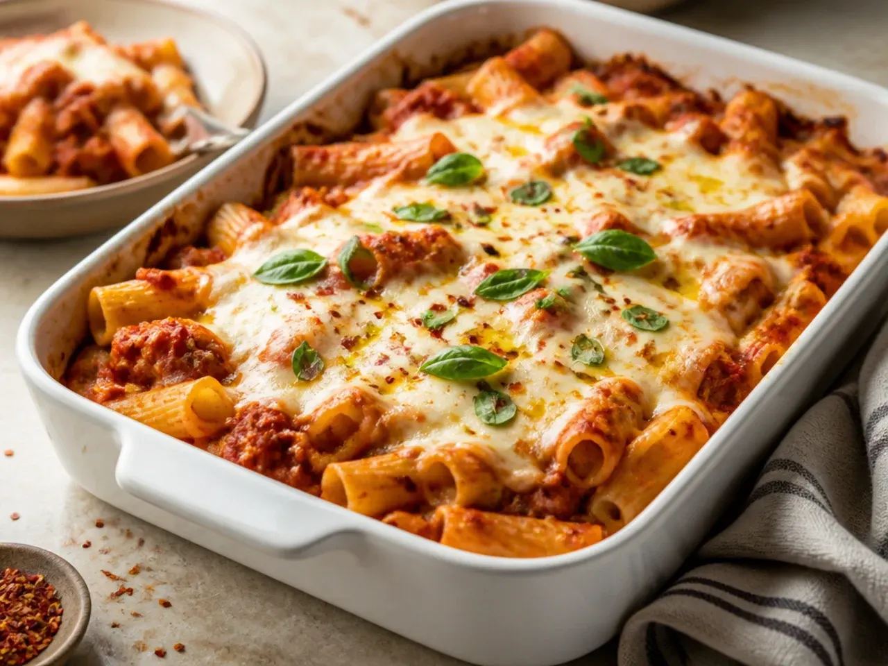 Rustic baked ziti with torn fresh mozzarella melted on top