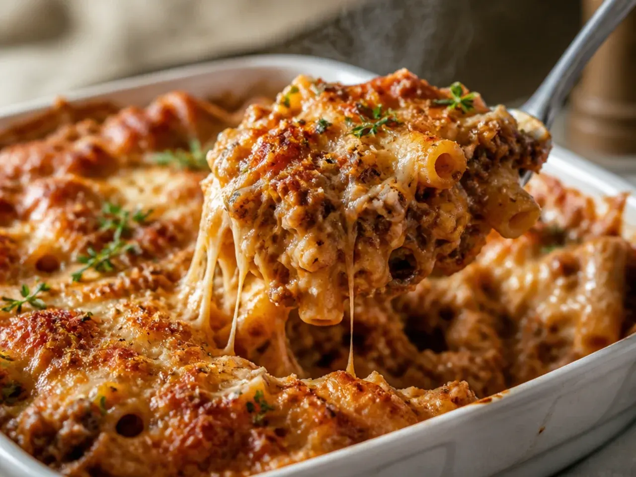Loaded baked ziti made with three types of meat