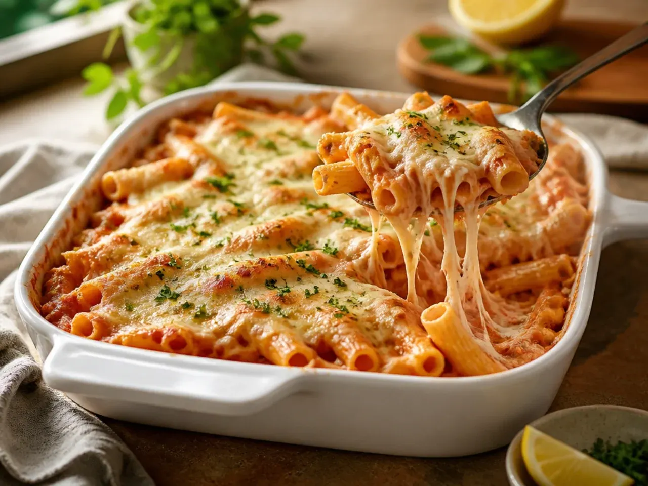 Gluten-free baked ziti in a casserole dish
