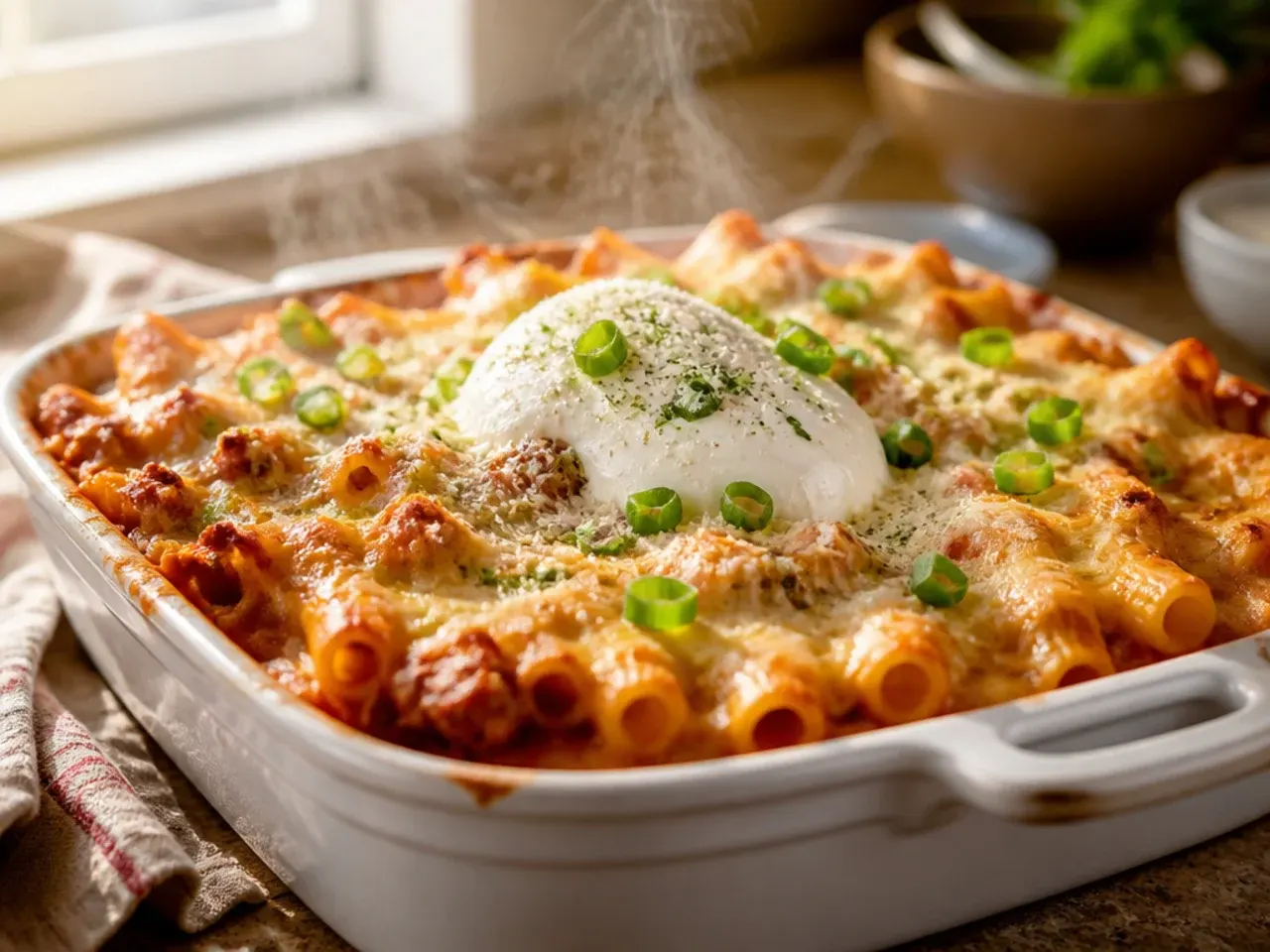 Baked ziti topped with torn burrata cheese spilling over the pasta