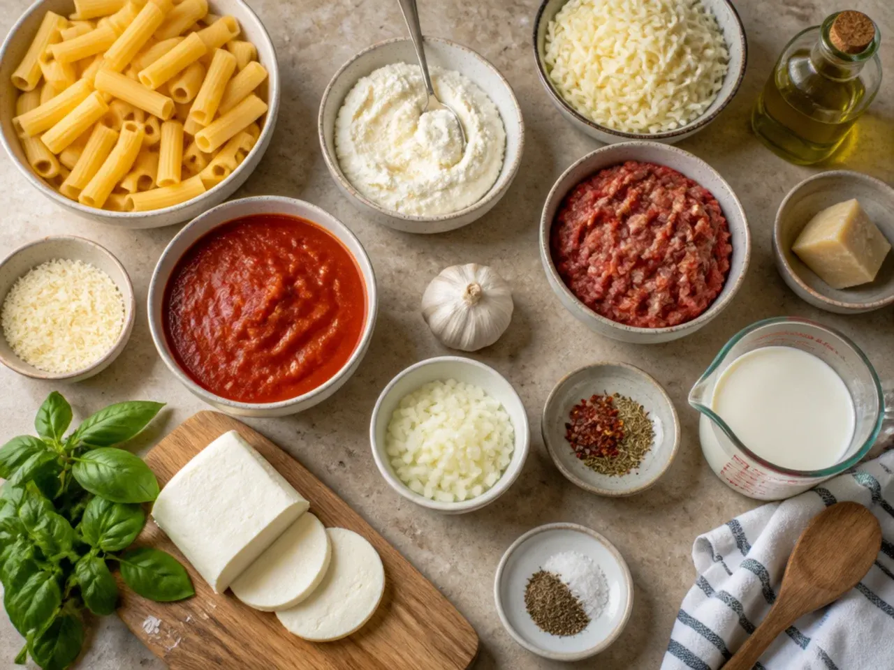 Hand slicing into a rested baked ziti showing clean, layered portions