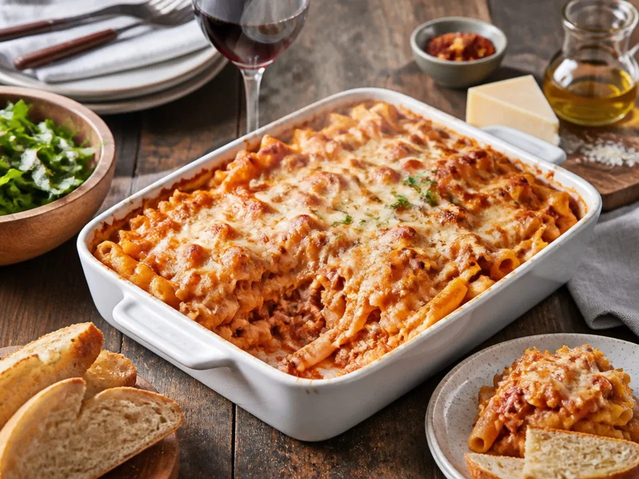 Plated baked ziti served with garlic bread and a side salad