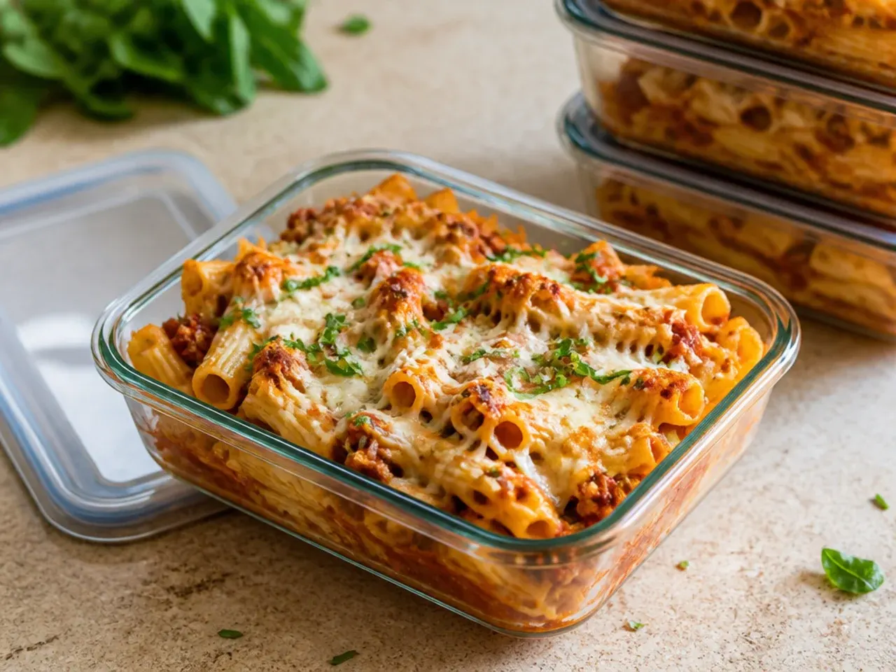 Container of leftover baked ziti portioned for the fridge and freezer