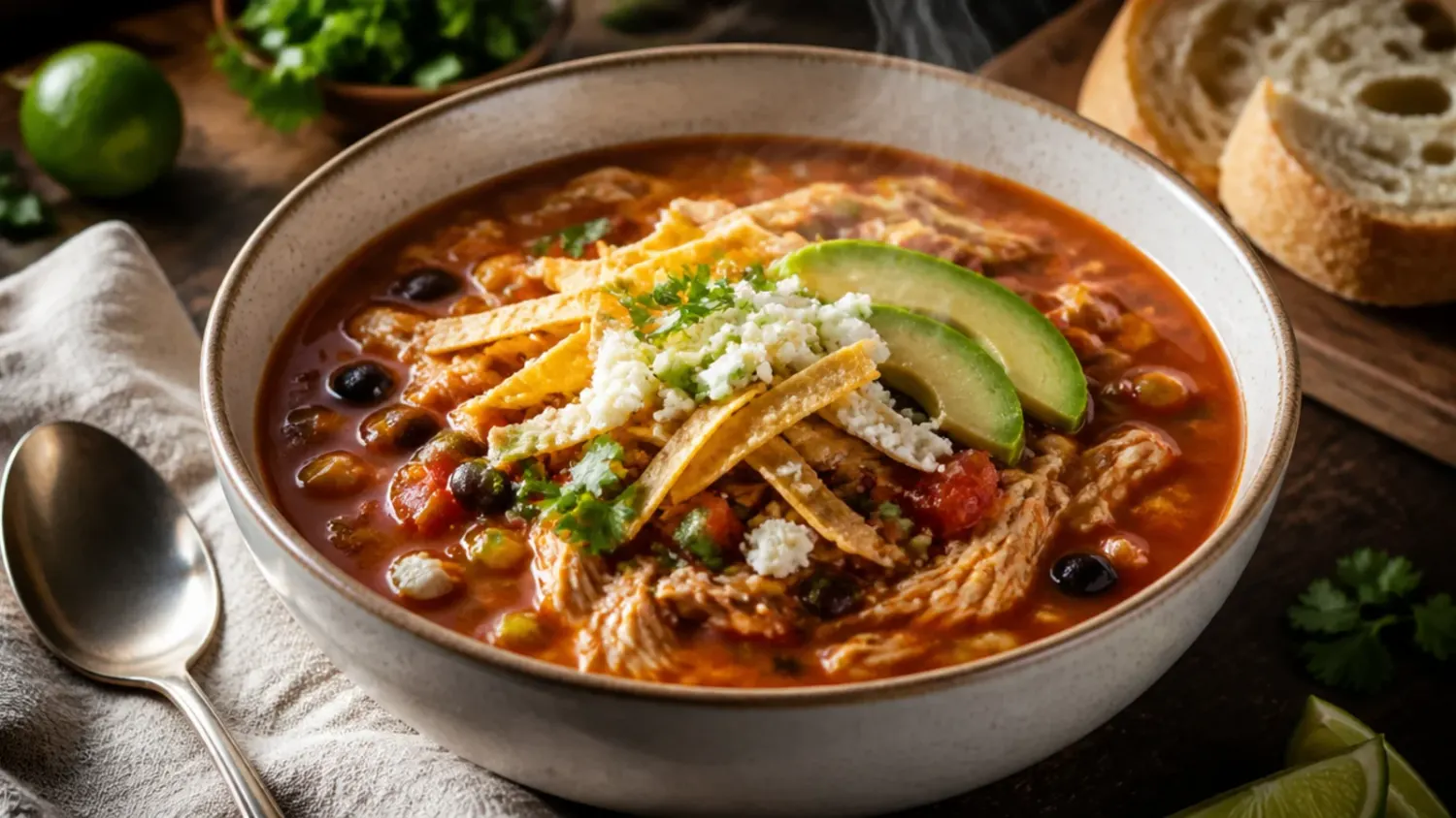 Overhead shot of a bowl of chicken tortilla soup topped with crispy tortilla strips, avocado, shredded cheese and a lime wedge, with the pot in the background.