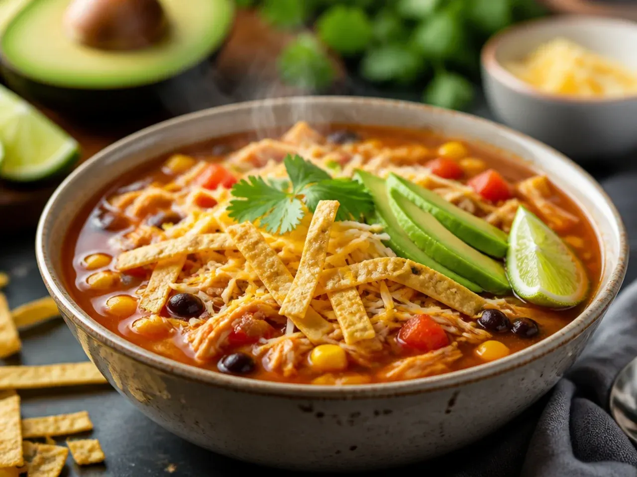Steaming bowl of chicken tortilla soup with tortilla strips and lime on a rustic wooden table.
