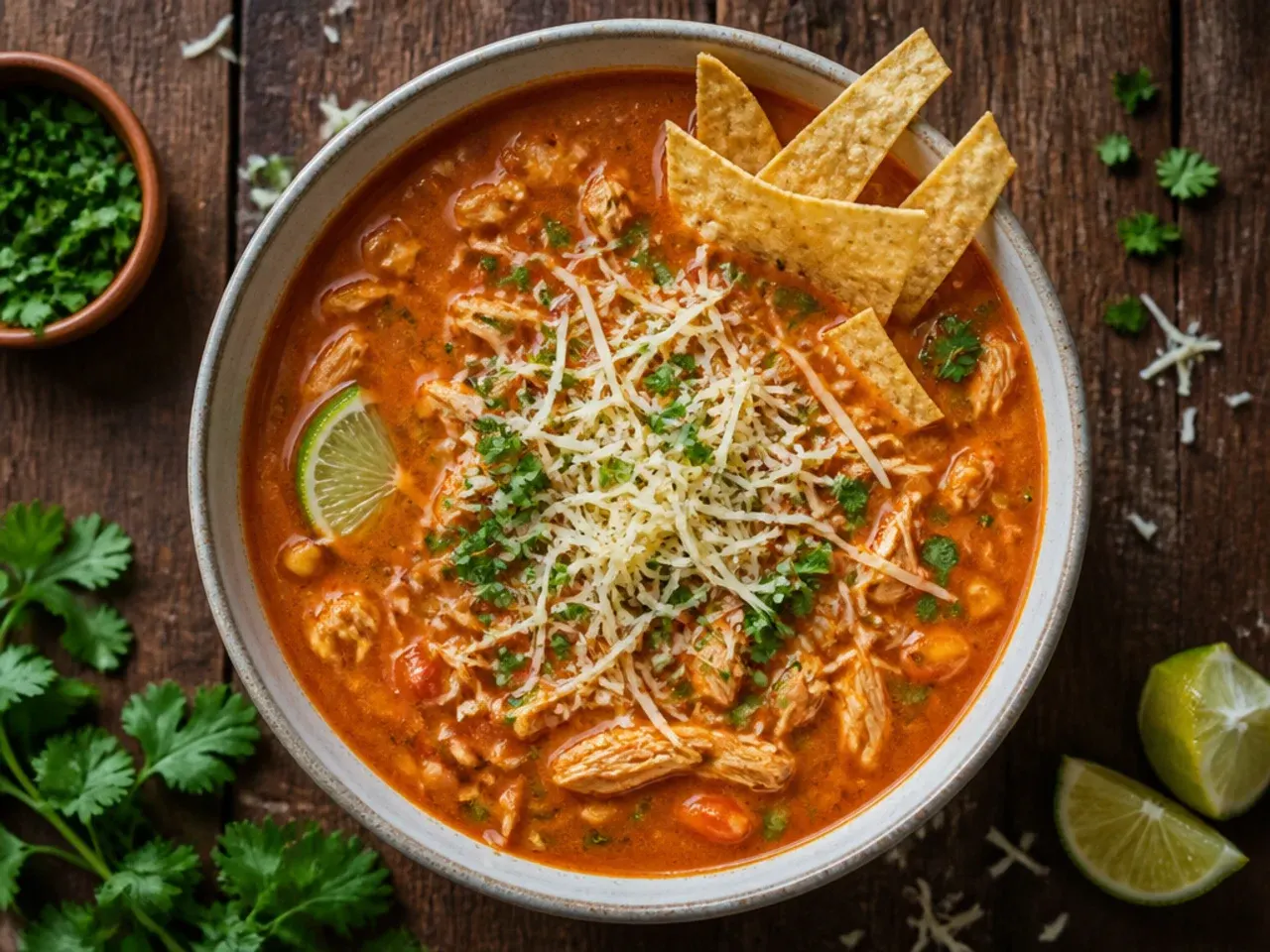 Pot of classic chicken tortilla soup simmering with shredded chicken and tomato broth.