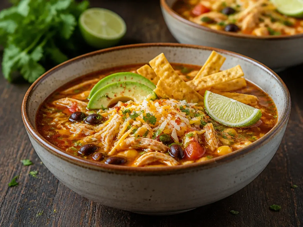 Bowl of easy chicken tortilla soup made with rotisserie chicken and fresh toppings.