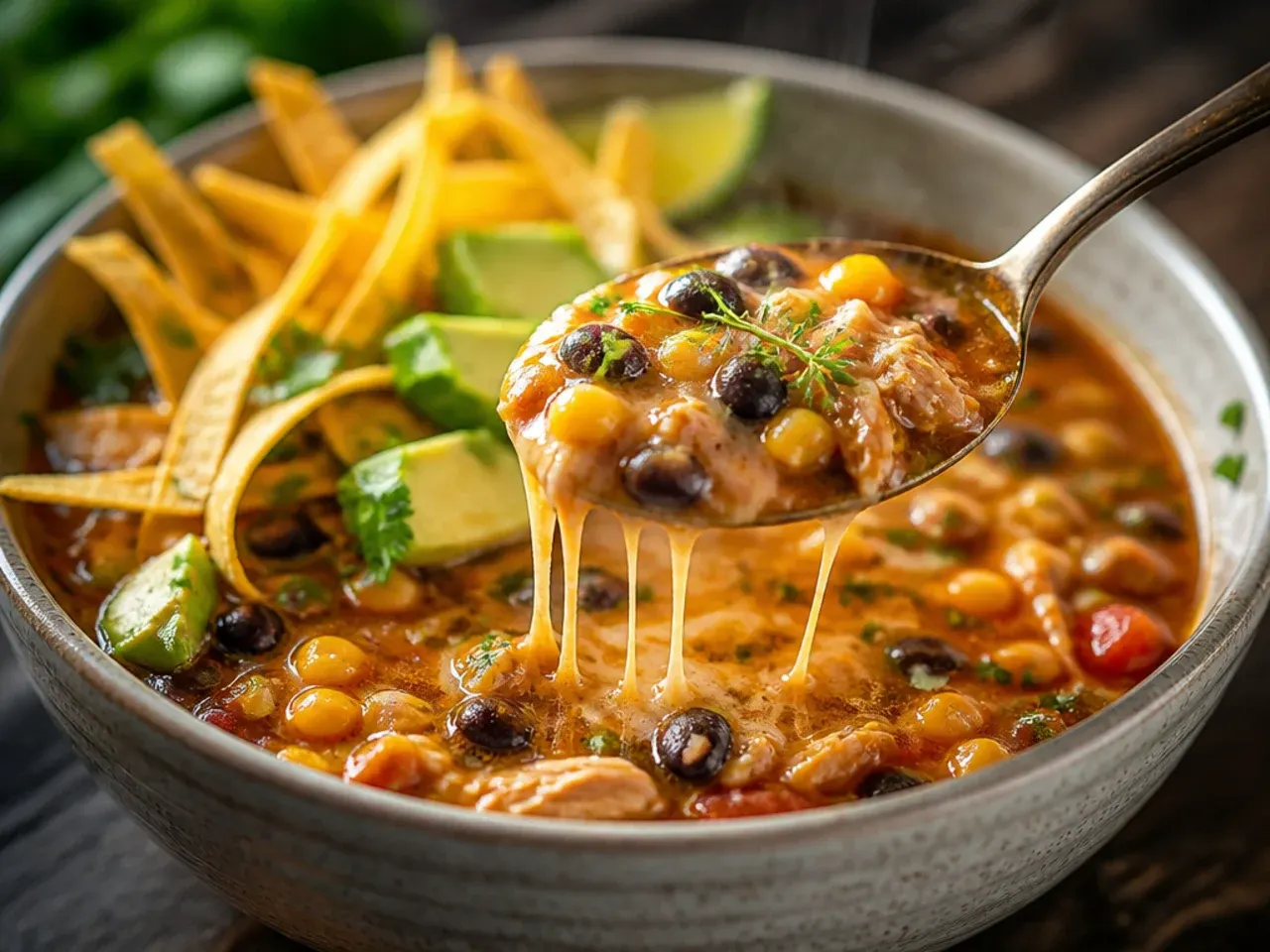 Hearty bowl of chicken tortilla soup loaded with black beans, corn and red pepper.