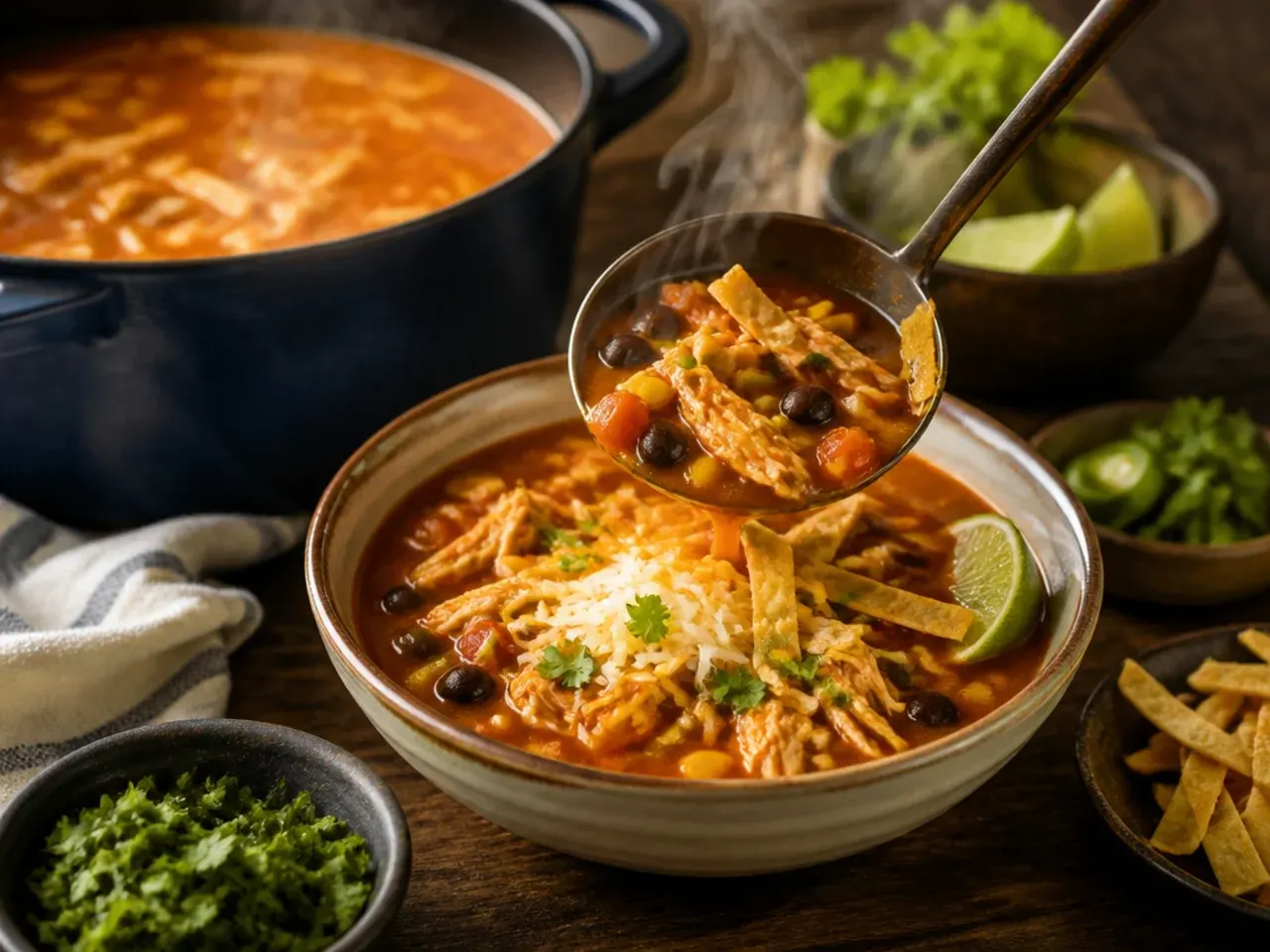 Cozy bowl of chicken and rice tortilla soup garnished with coriander.