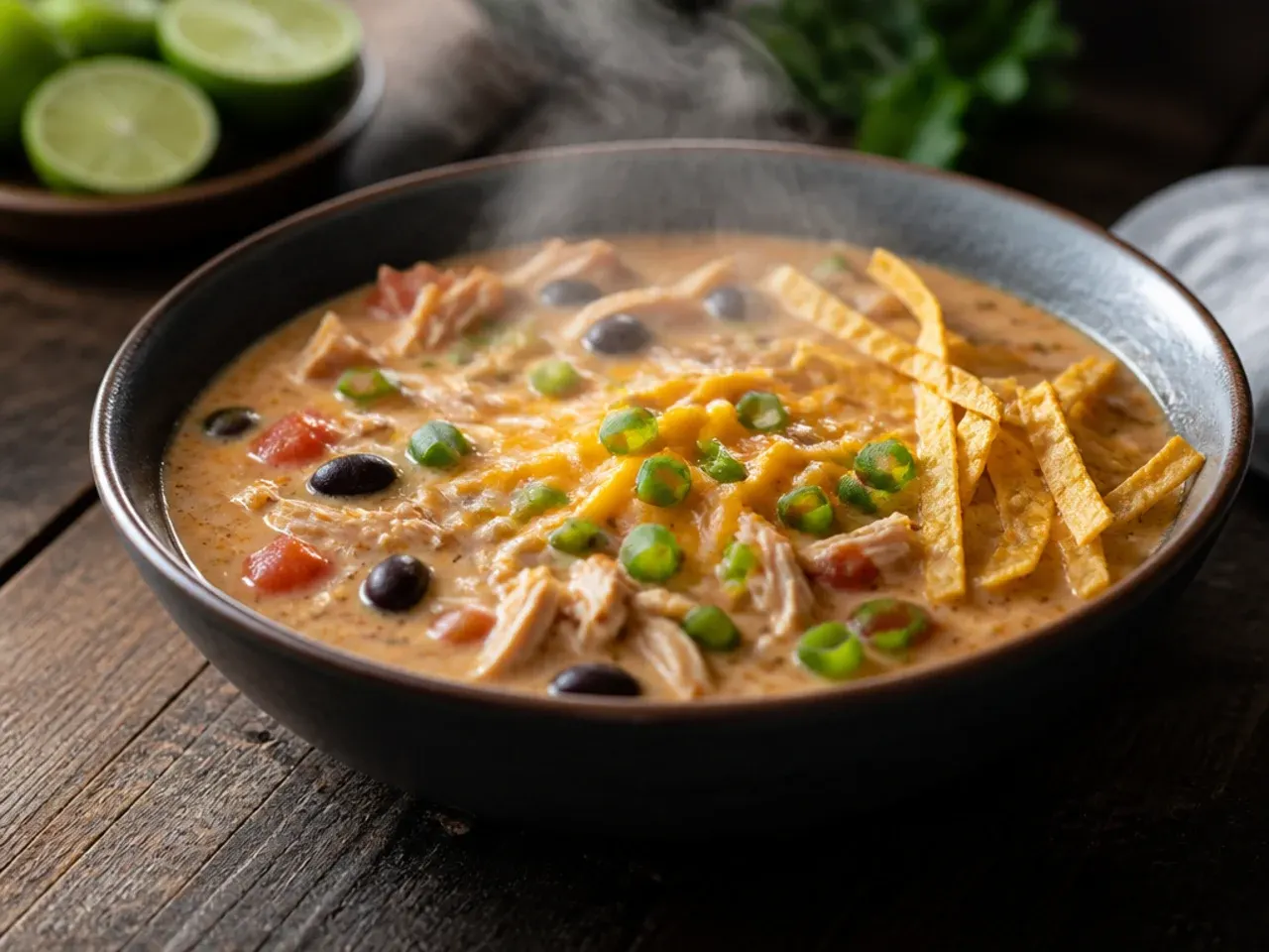 Creamy chicken tortilla soup with a velvety broth and a swirl of sour cream.