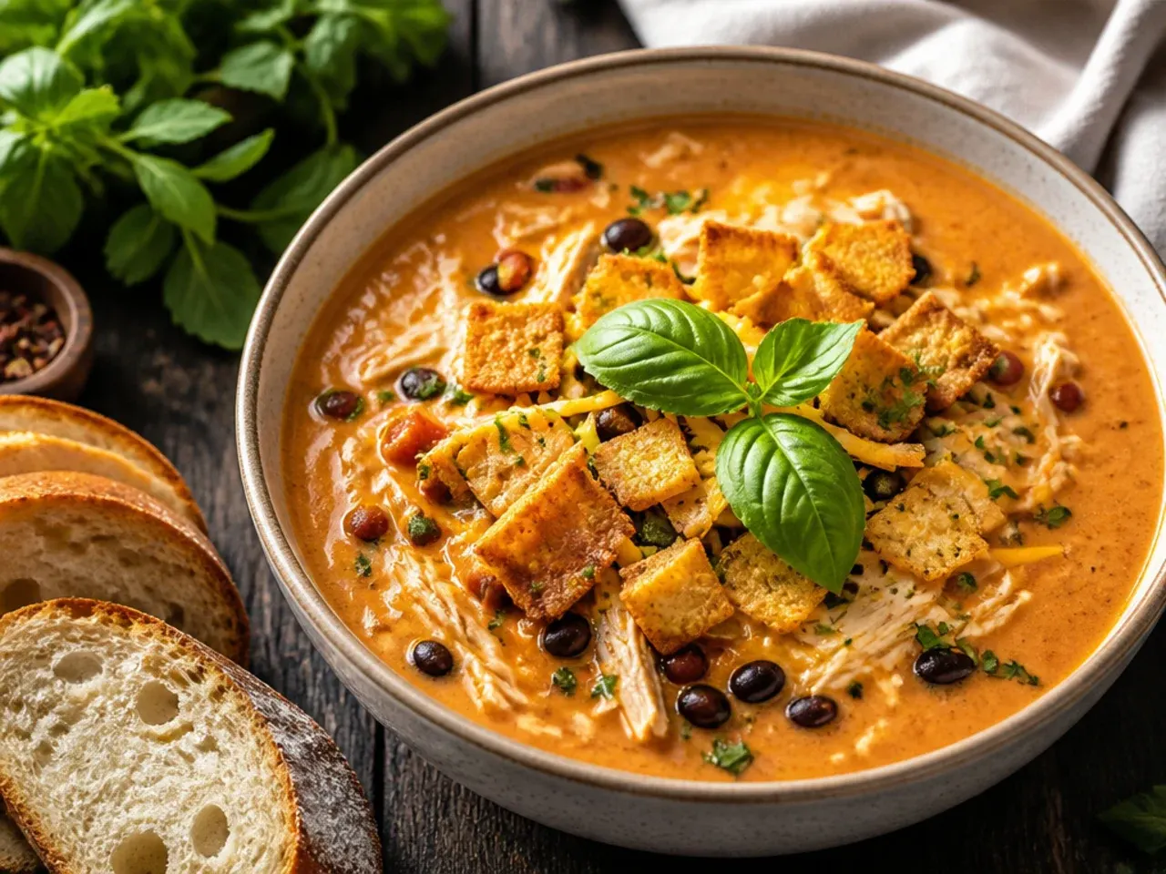 Simple five-ingredient chicken tortilla soup in a white bowl with tortilla strips.
