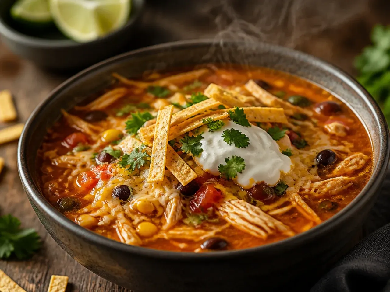 Cheesy baked chicken tortilla soup with melted cheese bubbling on top.