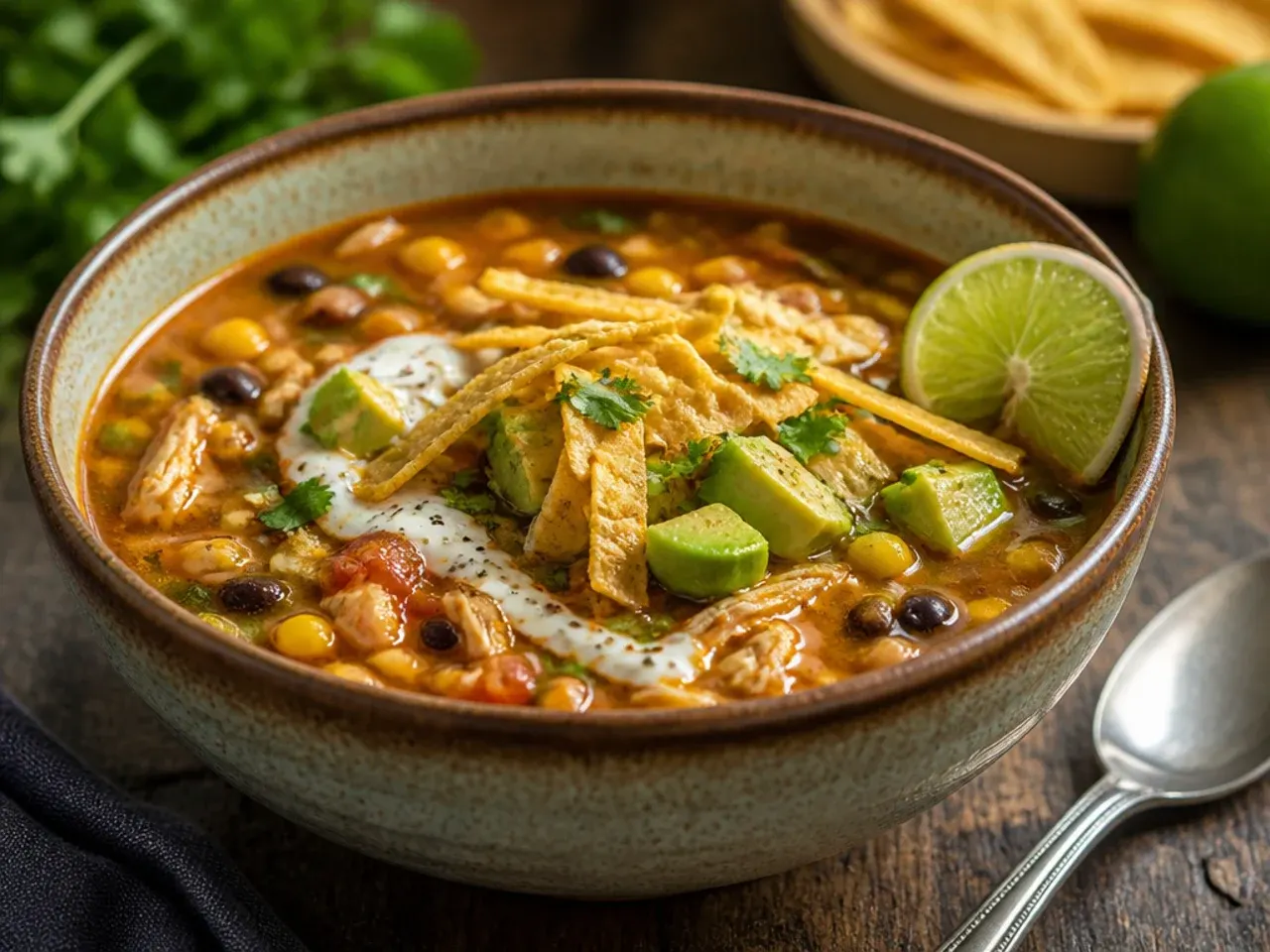 Comforting chicken and vegetable tortilla soup with courgette and carrot.