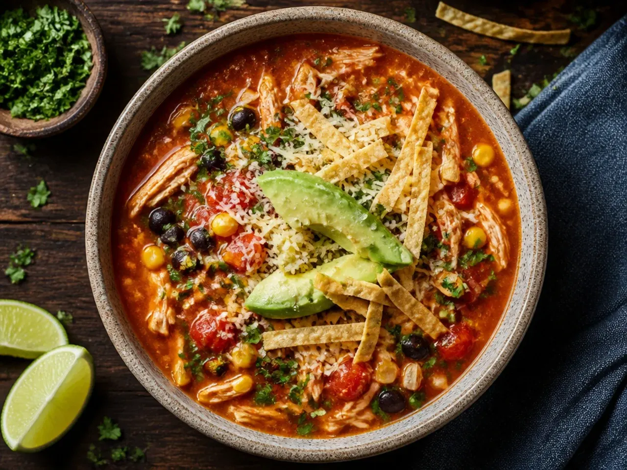 Large pot of budget-friendly chicken tortilla soup made in a big batch.