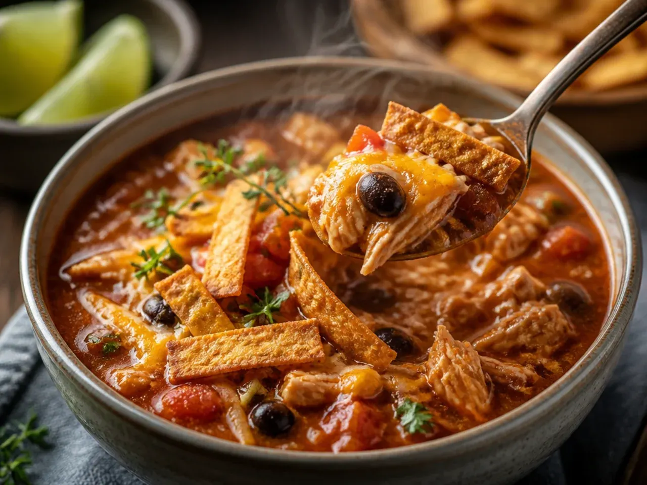 Rustic fire-roasted tomato chicken tortilla soup with charred poblano peppers.