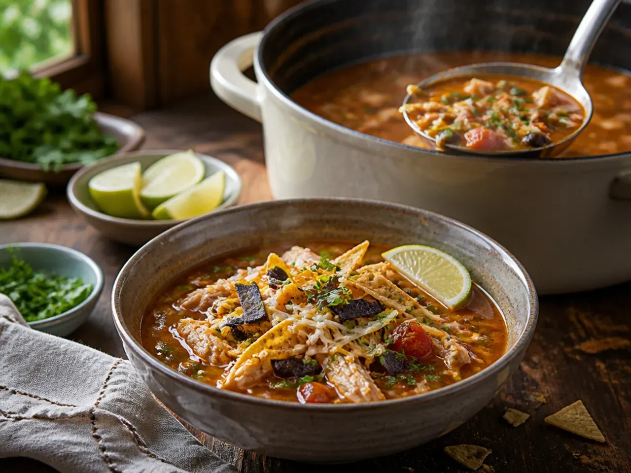 Loaded nacho-style chicken tortilla soup piled high with chips, cheese and avocado.