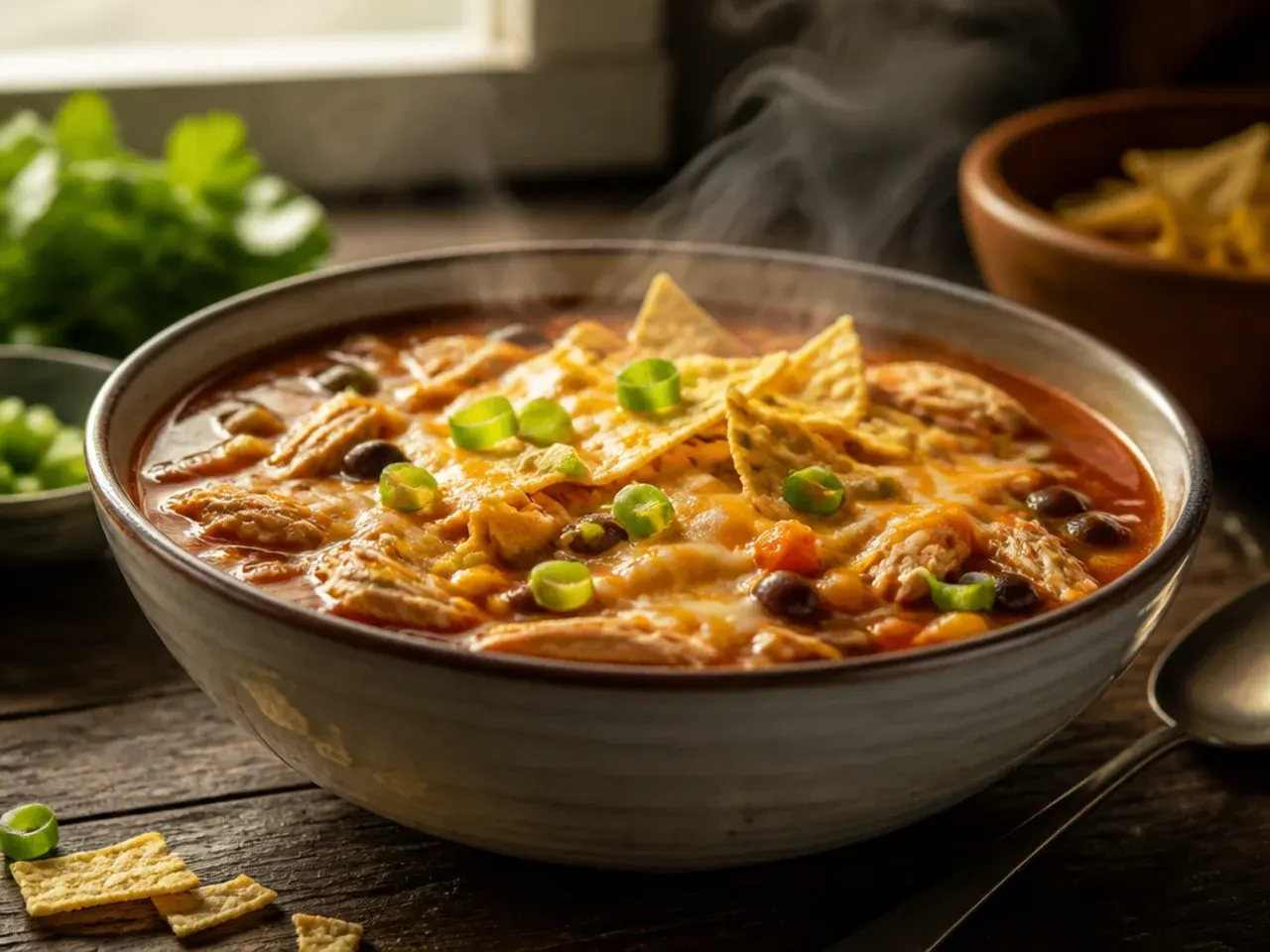 Slow cooker filled with family-size chicken tortilla soup ready to serve.
