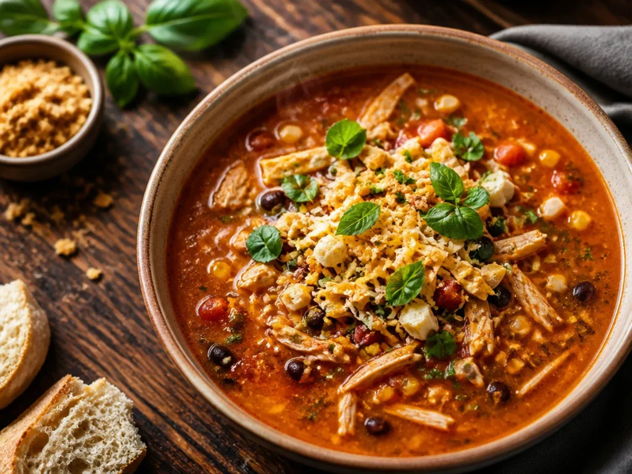 Smoky chipotle chicken tortilla soup with a deep red broth and fresh lime.