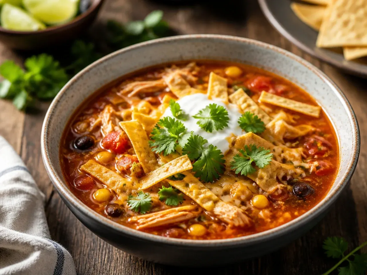 One-pot chicken tortilla soup made with minimal washing-up, topped with crushed tortilla chips.