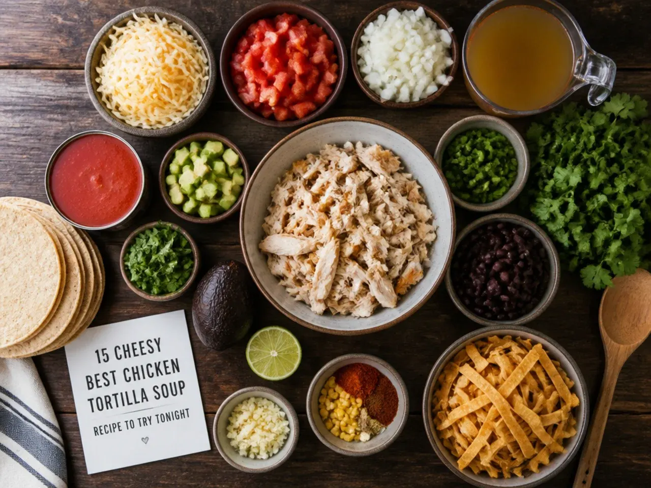 Close-up of chicken tortilla soup ingredients showing toasted spices and lime.
