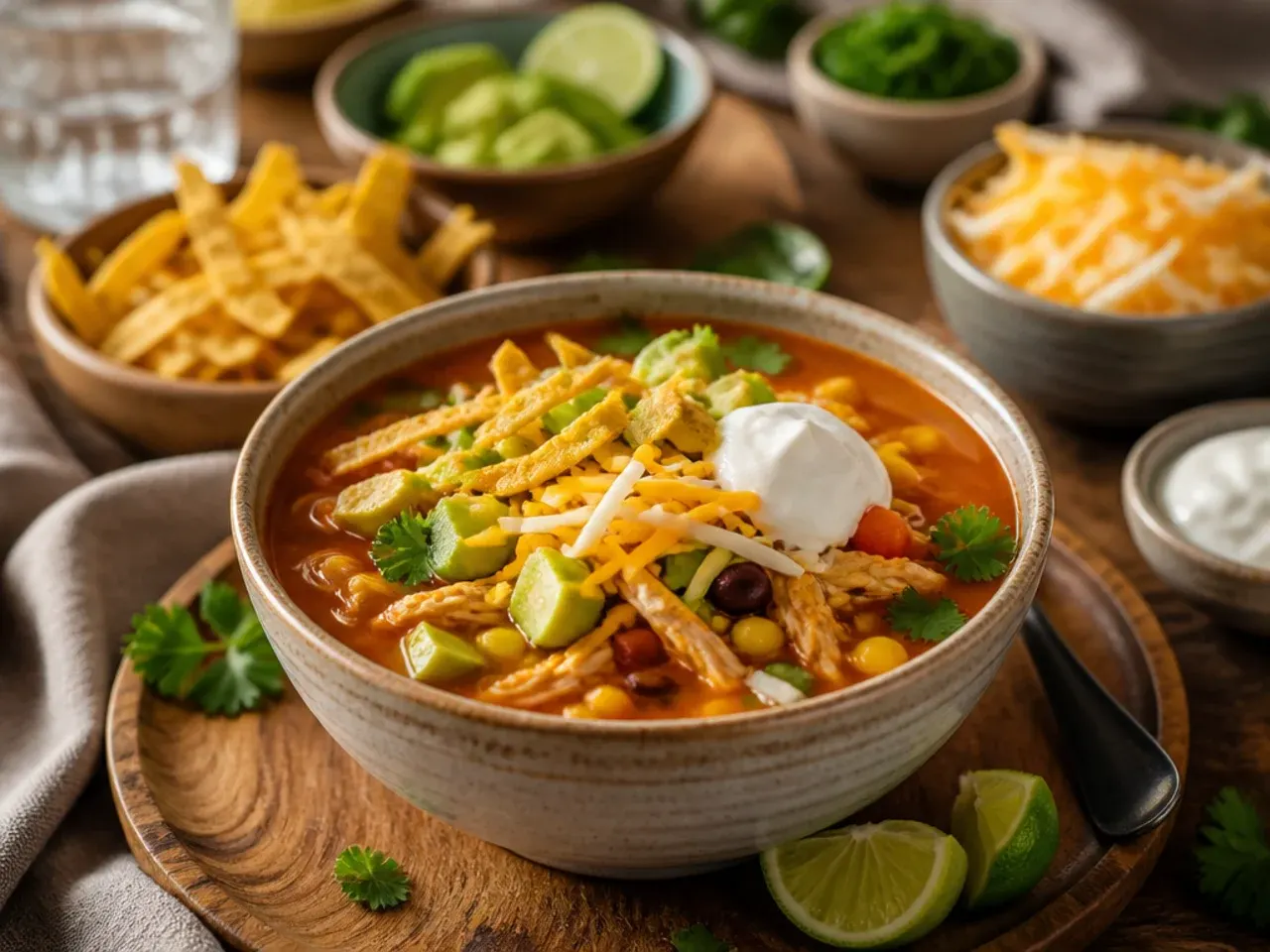 Chicken tortilla soup served with cornbread and a side salad on a dinner table.