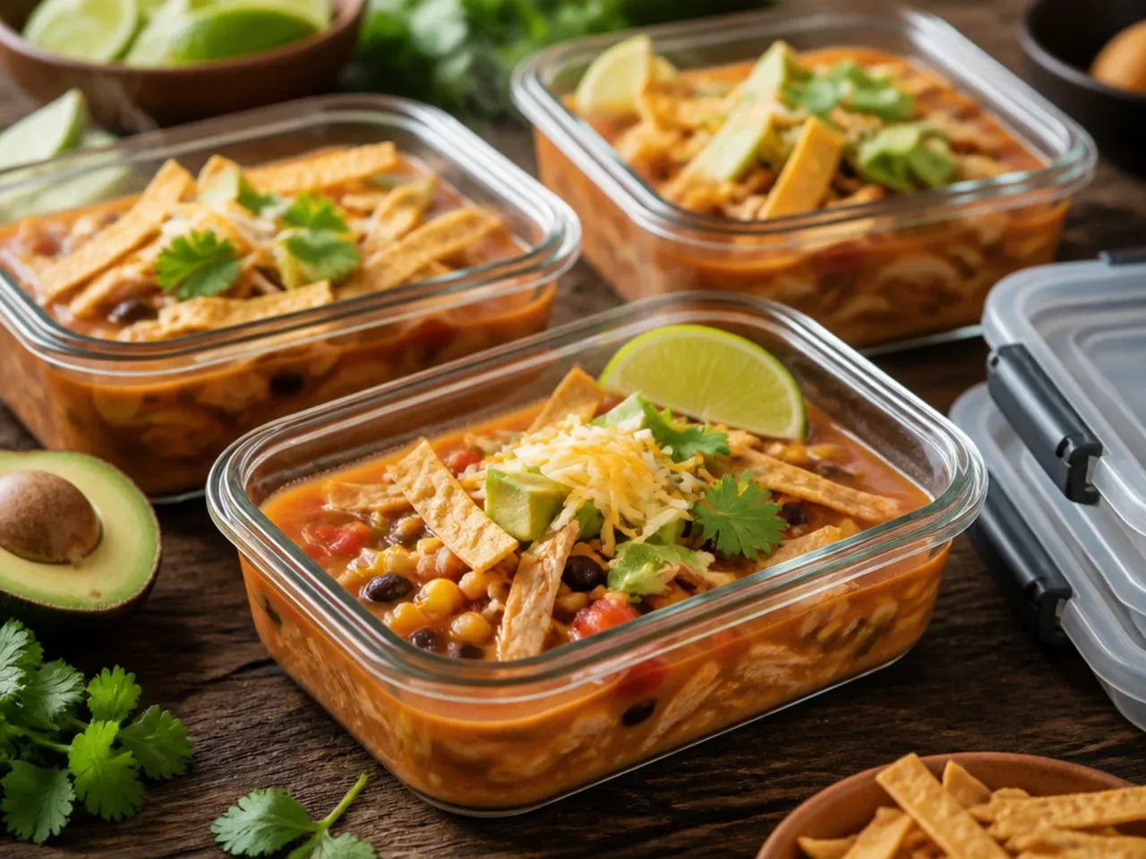 Containers of chicken tortilla soup being stored in the fridge and freezer.