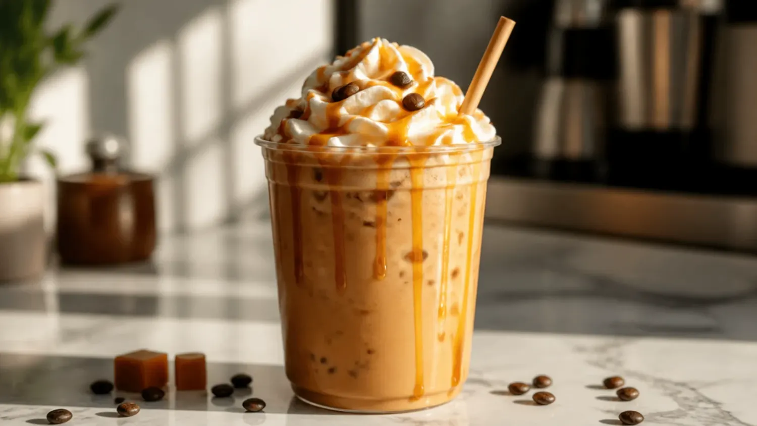 A lineup of iced and frozen copycat Dunkin-style coffee drinks in tall glasses topped with whipped cream and caramel drizzle