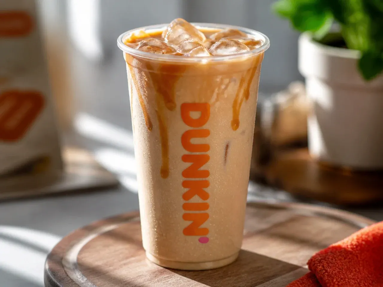 Overhead shot of iced coffee, hot latte, and frozen coffee drinks arranged on a wooden table