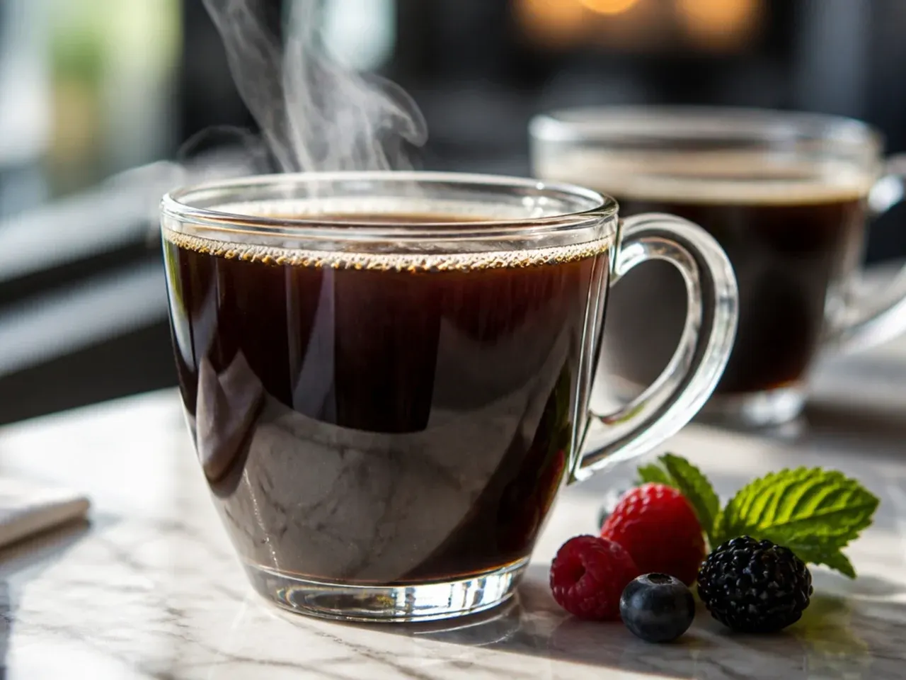 White ceramic mug of steaming hot coffee with cream being poured in