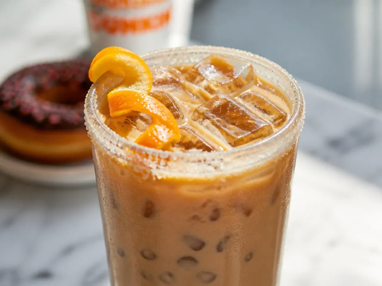 Iced Dunkalatte in a tall glass with espresso layered over milky coffee syrup