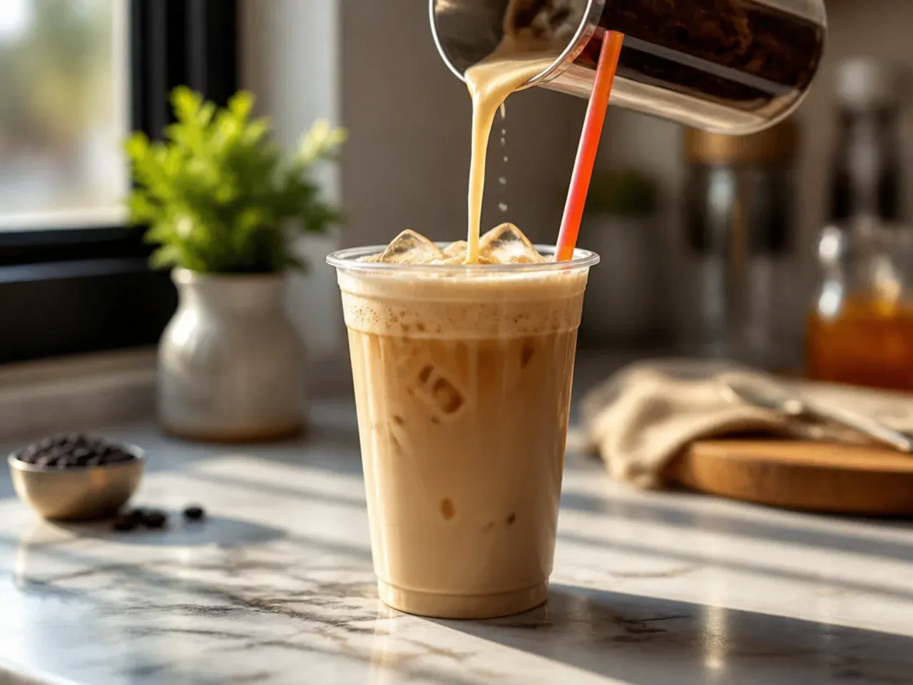 Creamy French vanilla latte in a white cup with light latte art on top