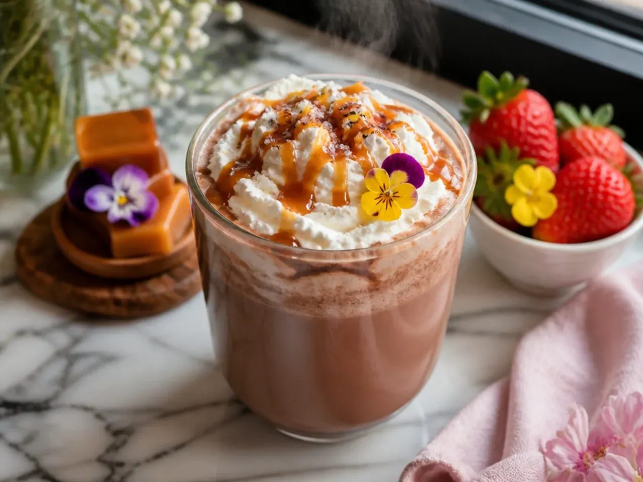 Mug of salted caramel hot chocolate topped with whipped cream and caramel drizzle