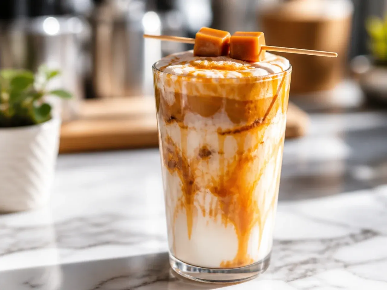 Caramel swirl latte in a glass mug with visible caramel ribbons through the milk