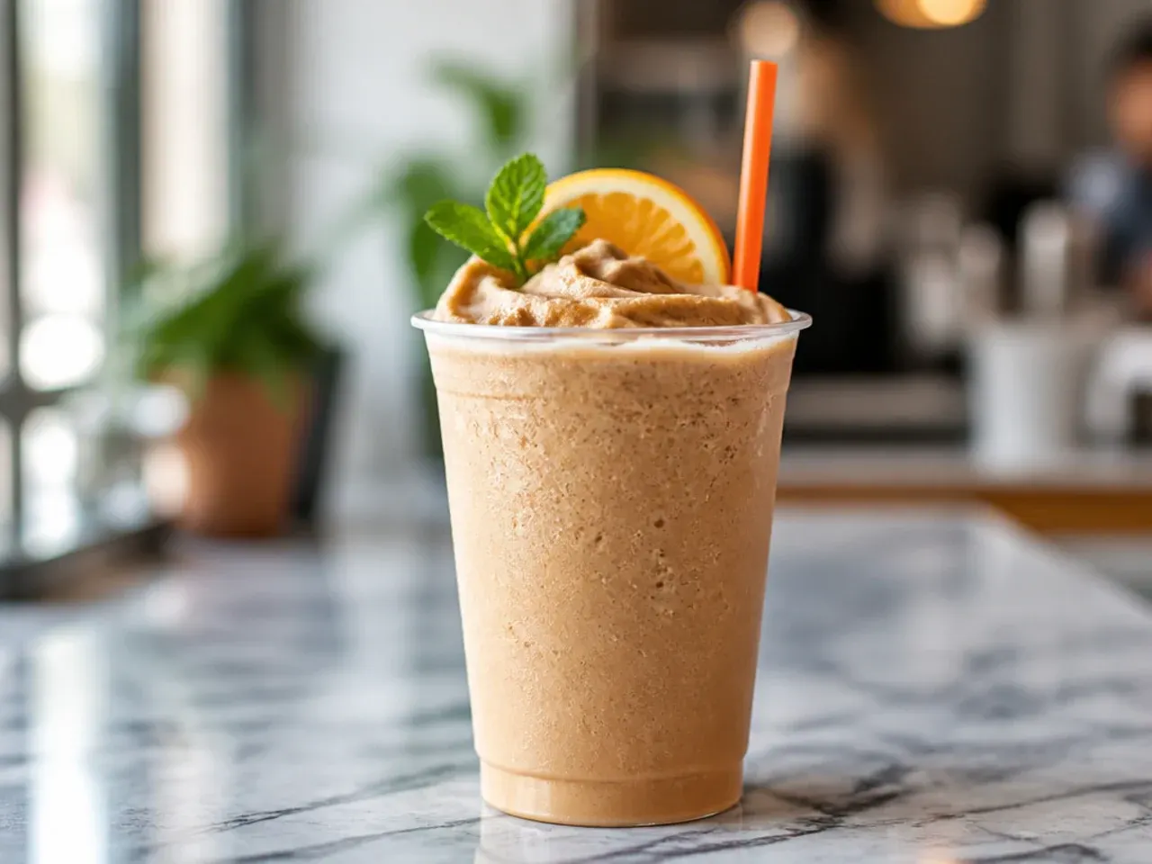 Blended frozen coffee in a tall cup topped with whipped cream, viewed close up