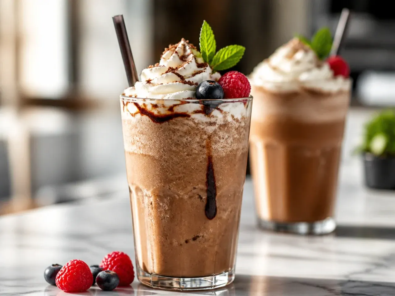 Mocha frappe in a glass with chocolate syrup drizzled down the sides and whipped cream on top