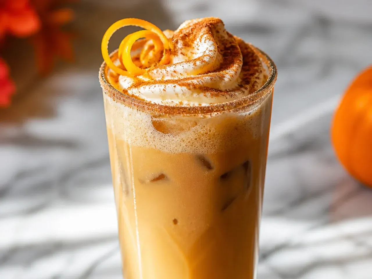Pumpkin spice latte in a glass mug dusted with cinnamon and pumpkin spice on top