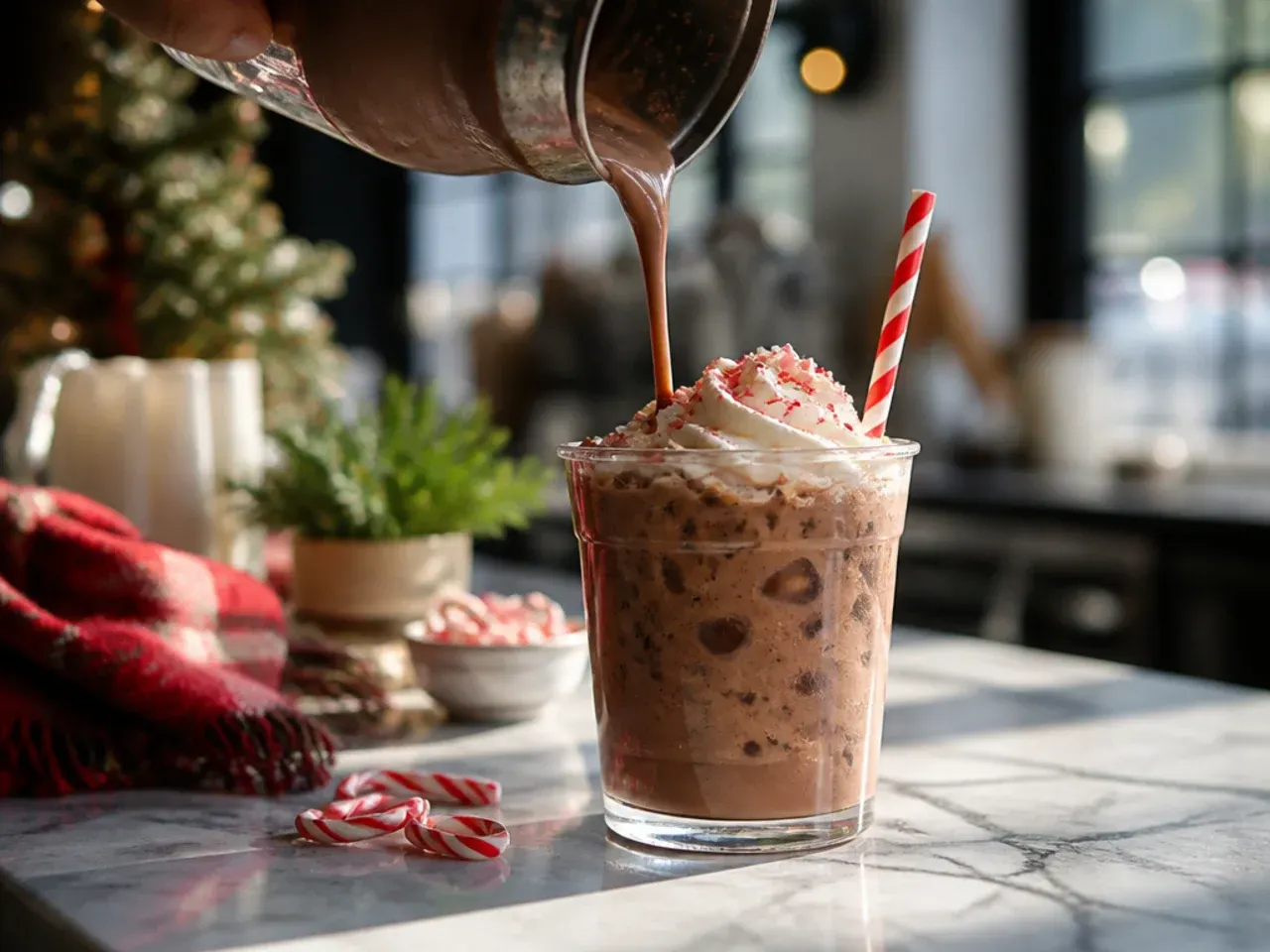 Peppermint mocha topped with whipped cream and crushed candy cane in a festive mug