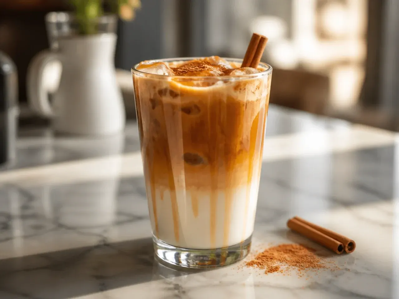 Layered caramel macchiato in a clear glass showing distinct ombre bands of milk and espresso