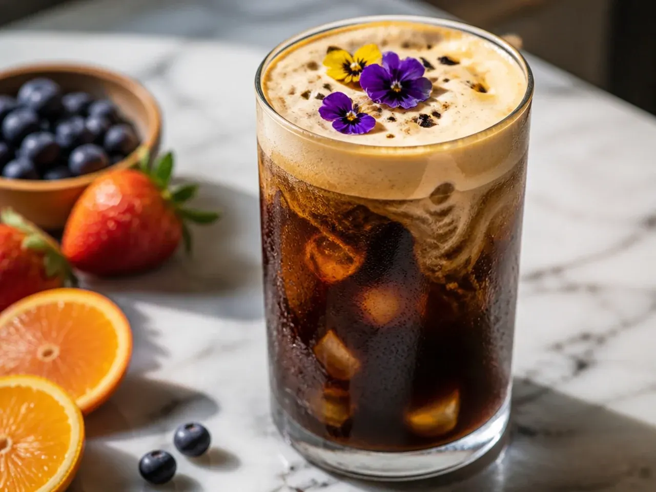 Glass of nitro cold brew coffee with a thick creamy foam head, no ice